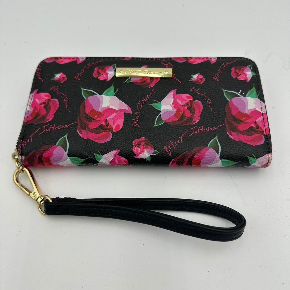 Betsey Johnson Dark Floral Zip Around Wristlet Wallet Feminine Coquette Romantic
